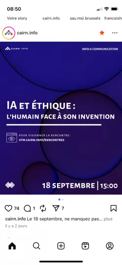 Capture d'écran Annonce d'une rencontre Cairn.info sur Instagram