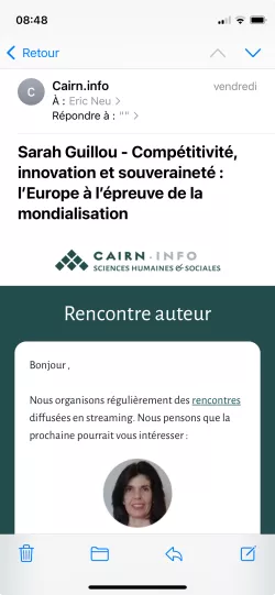 Capture d'écran Email d'annonce rencontre Cairn.info par email