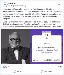 Capture d'écran Annonce de rencontre Cairn.info sur Facebook