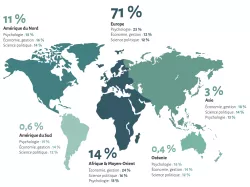 Carte du monde représentnt la répartition des consultations en texte intégral sur Cairn.info par continent et par discipline