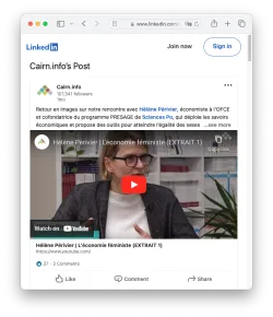 Capture d'écran Linkedin - Post de Cairn.info suite à une rencontre auteur