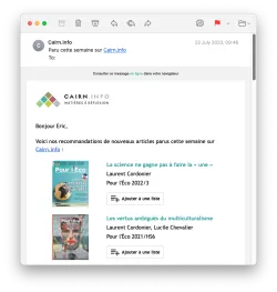 Capture d'écran - Email de recommandations hebdomadaires Cairn.info